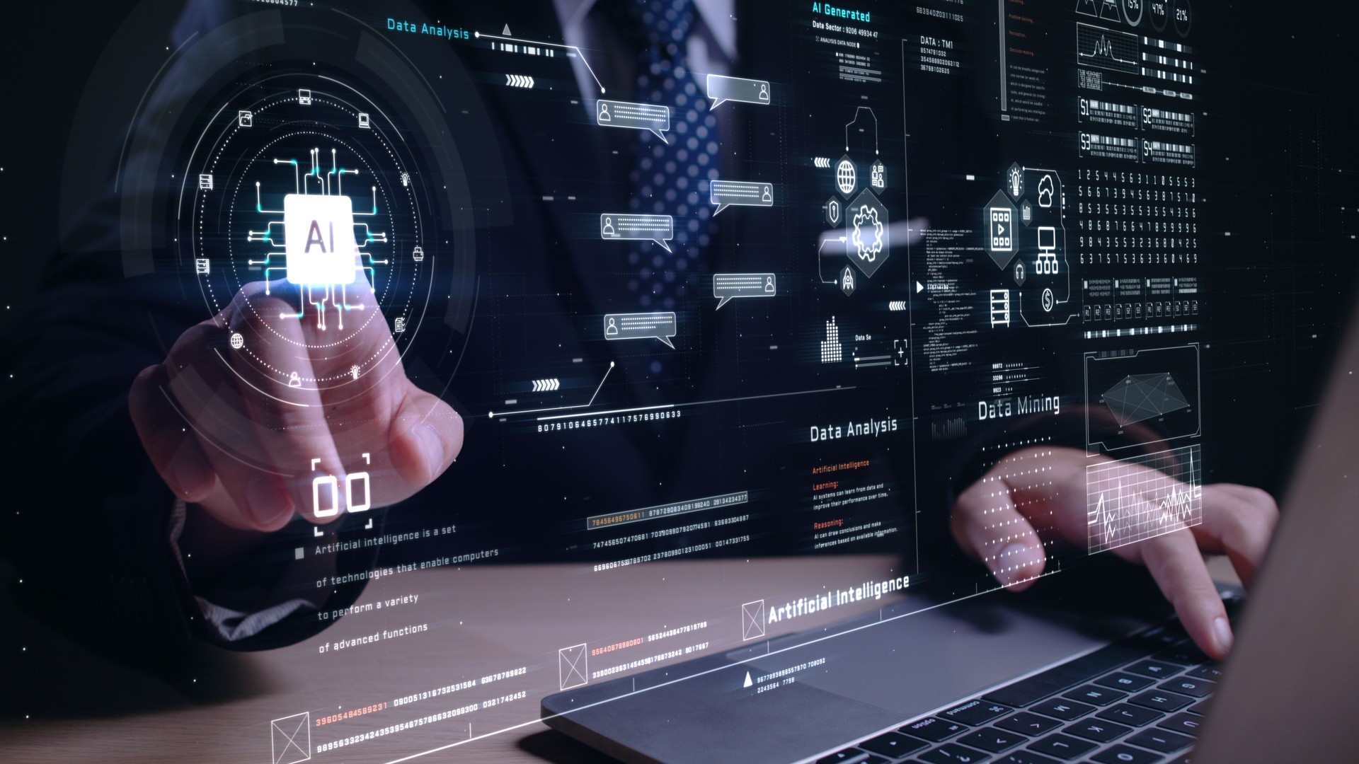 Businessman interacting with futuristic AI interface on laptop, visualizing data mining, machine learning, and digital analytics in a high-tech environment, 3d Rendering